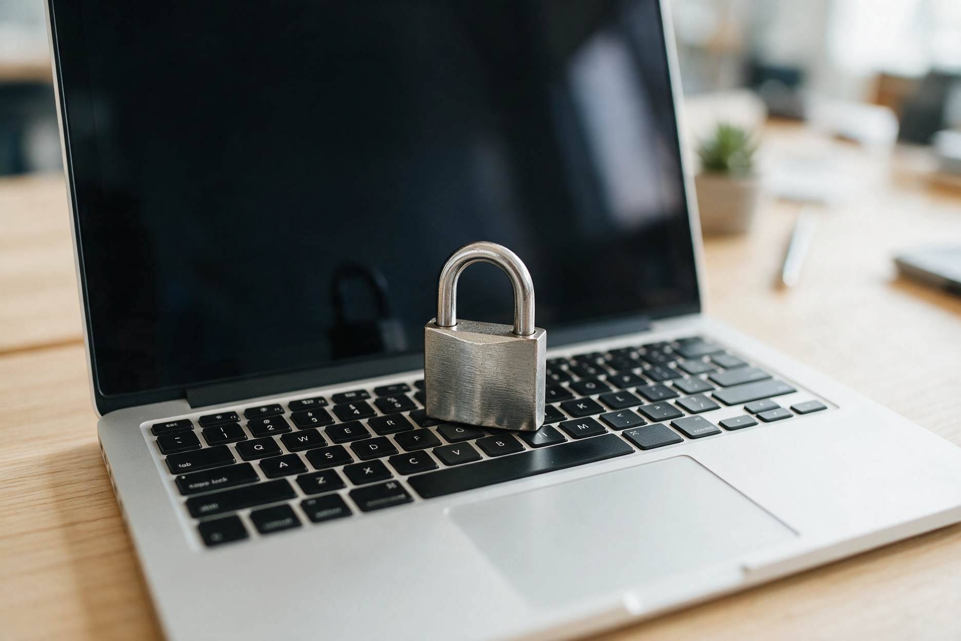 Laptop mit Vorhängeschloss als Symbol für Datenschutz