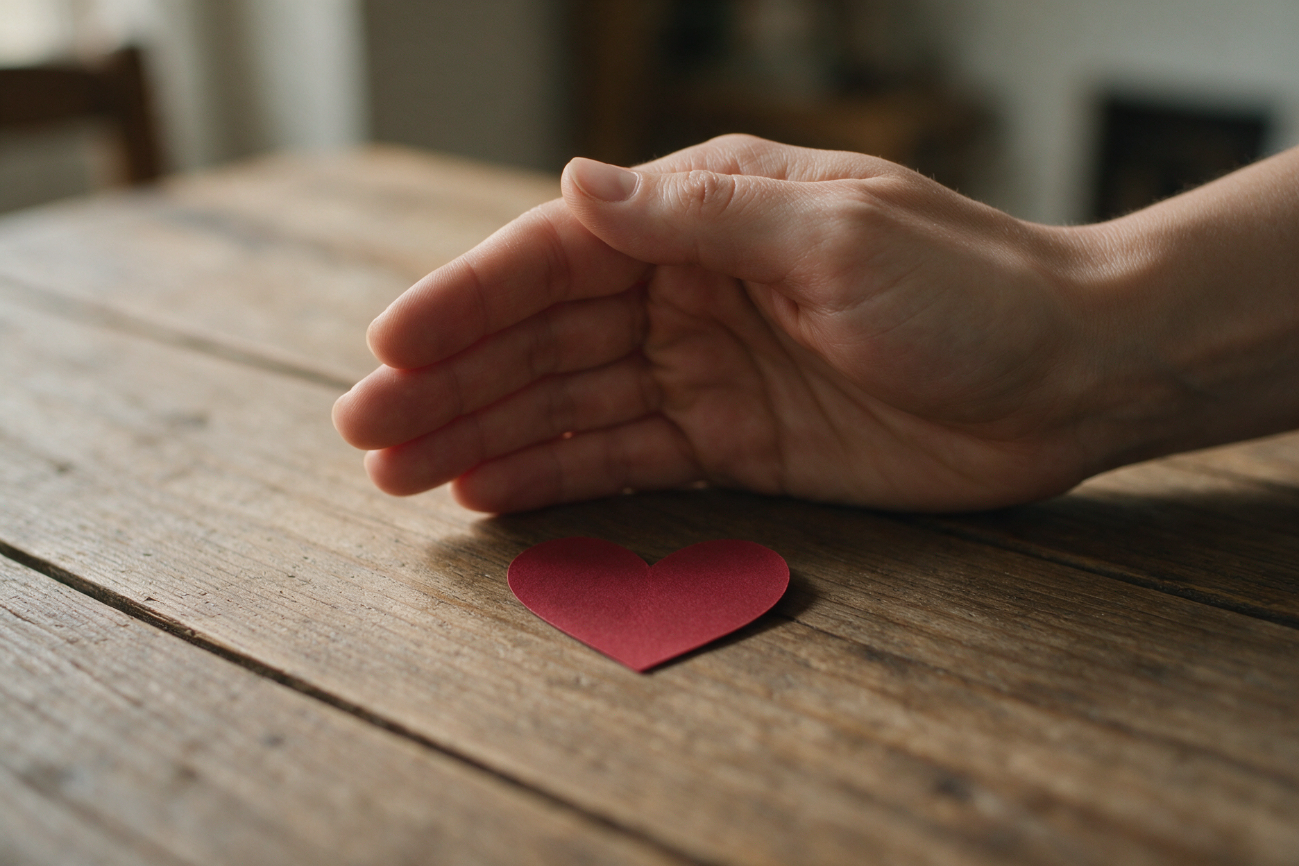 Hand schützt ein kleines rotes Herz